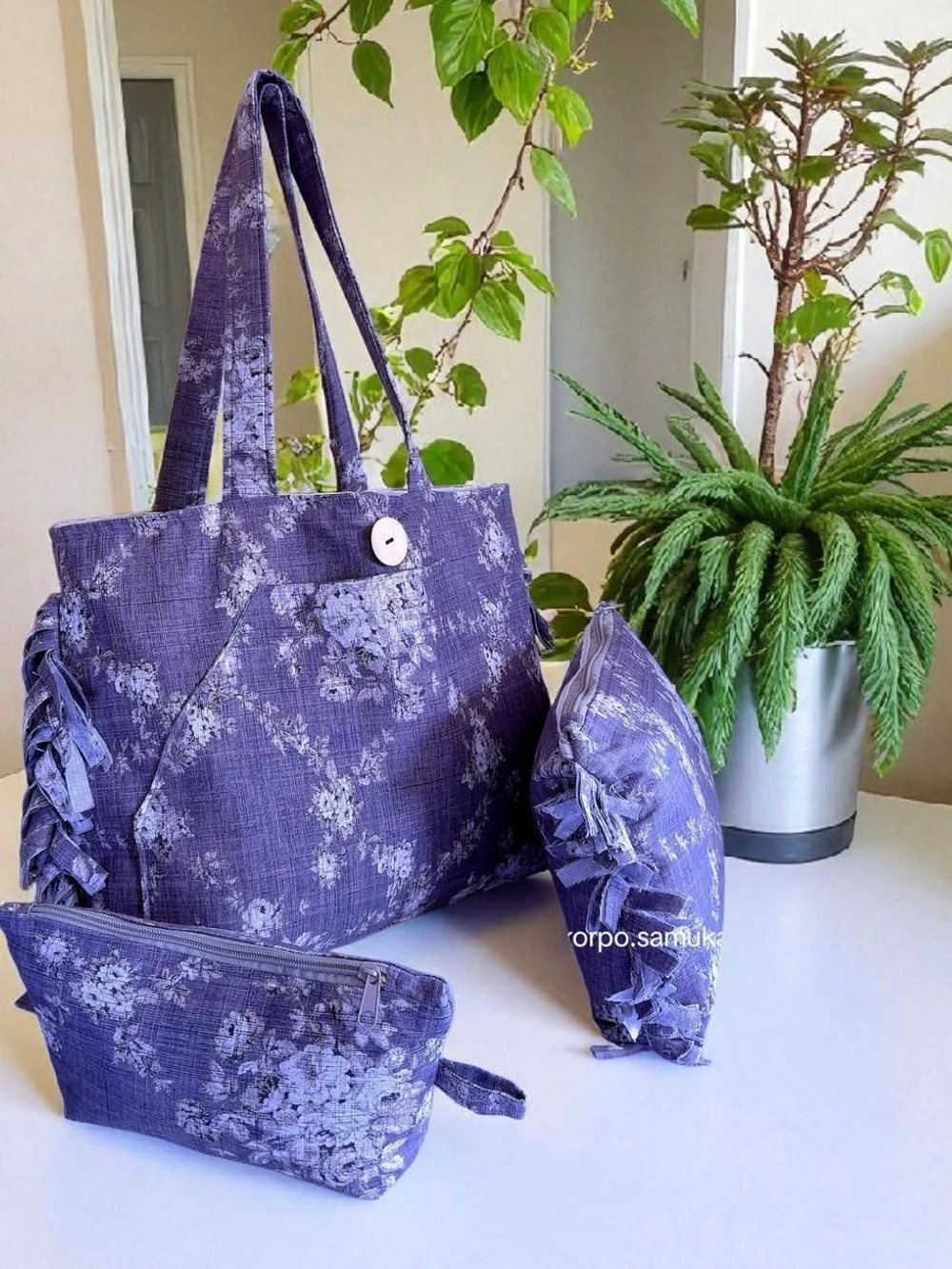 Purple Floral Tote Bag Set with Matching Pouches - Women Bags - Picture 3 of 7